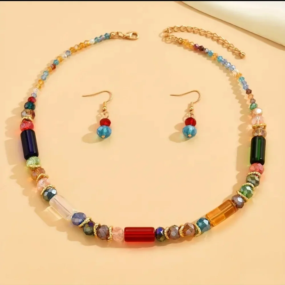 Handmade Charming Glass and Brass Necklace and Earring Set.